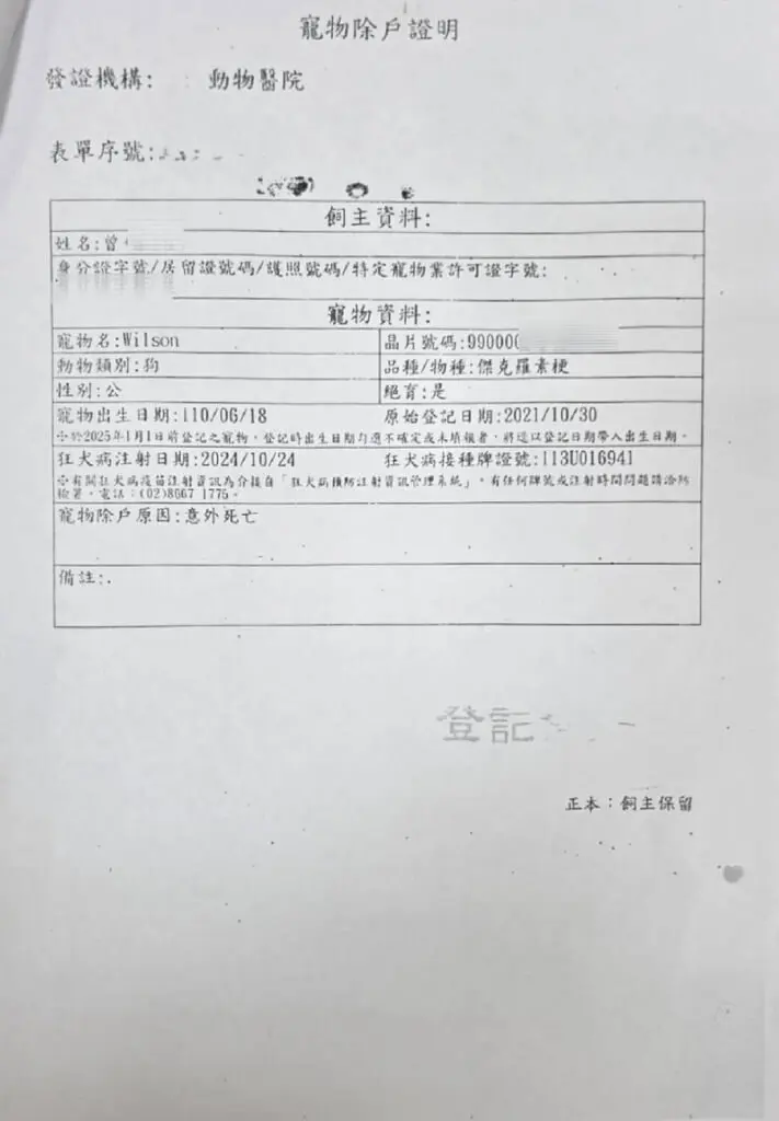 花蓮搜救犬Wilson於2025年5月29日在訓練過程意外墜樓死亡，死因近日引發議論。花蓮縣消防局18日公布動物醫院開立除戶證明及死亡原因。花蓮縣消防局提供