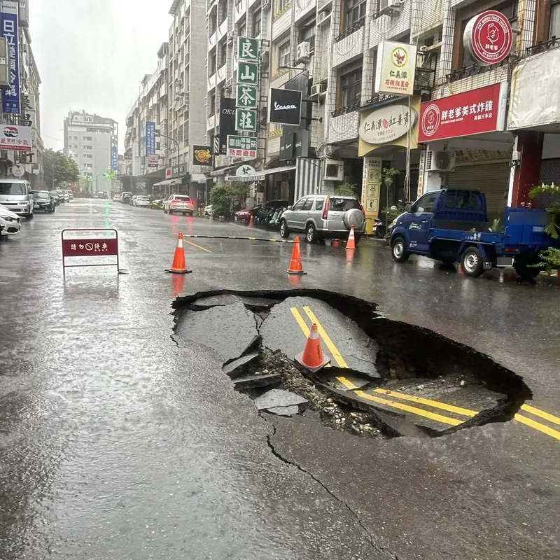 高雄連日豪雨不斷，前鎮區廣西路出現一處道路坑洞，警方於現場擺放交通錐，提醒用路人注意。高雄市水利局提供