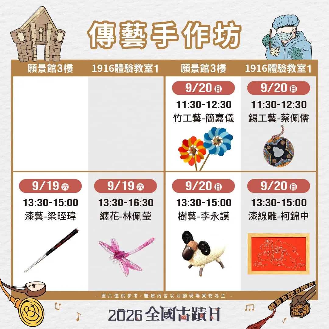 「全國古蹟日」傳藝手作坊場次資訊。文化部提供
