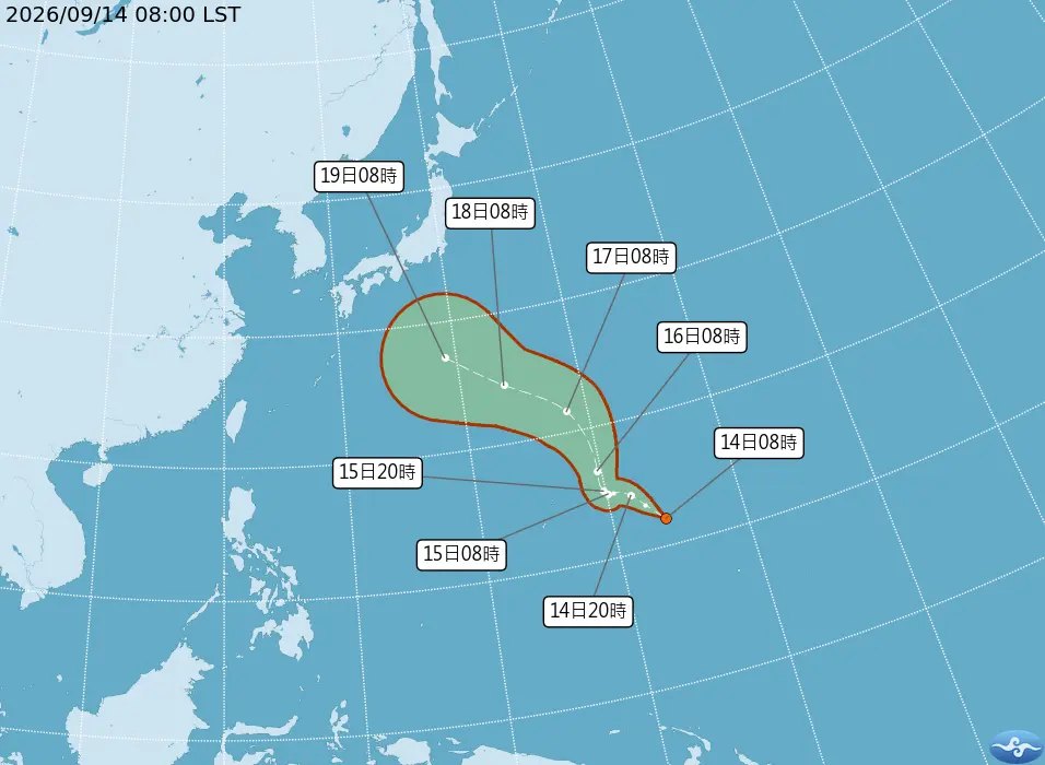 關島東方海面今日8時有熱帶低氣壓生成，最快明日白天增強為颱風「杜鵑」。中央氣象署提供
