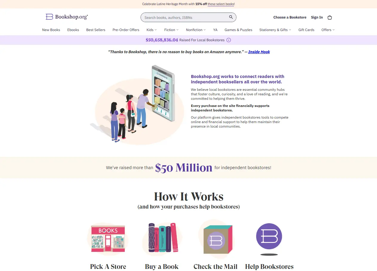 bookshop.org電商平台「關於我們」的介紹及運作模式。截圖自Bookshop.org官網