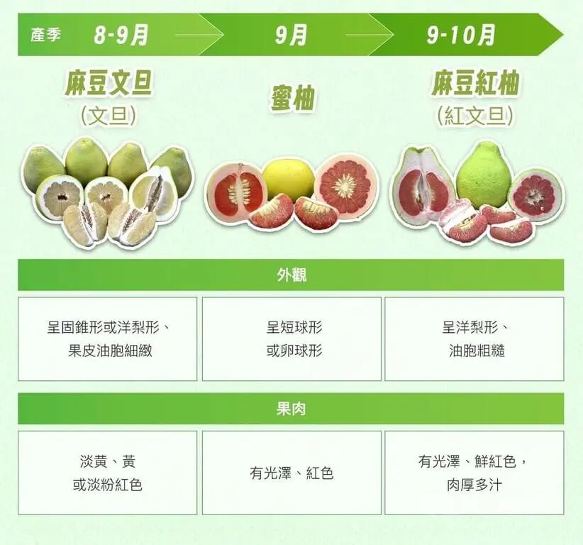 農業部農業主題館介紹，中秋節吃柚子是因為「柚」與「佑」同音，含有吉祥之意，台灣可見多樣不同品種的的柚子，外觀、果肉各有特色。取自農業部網站