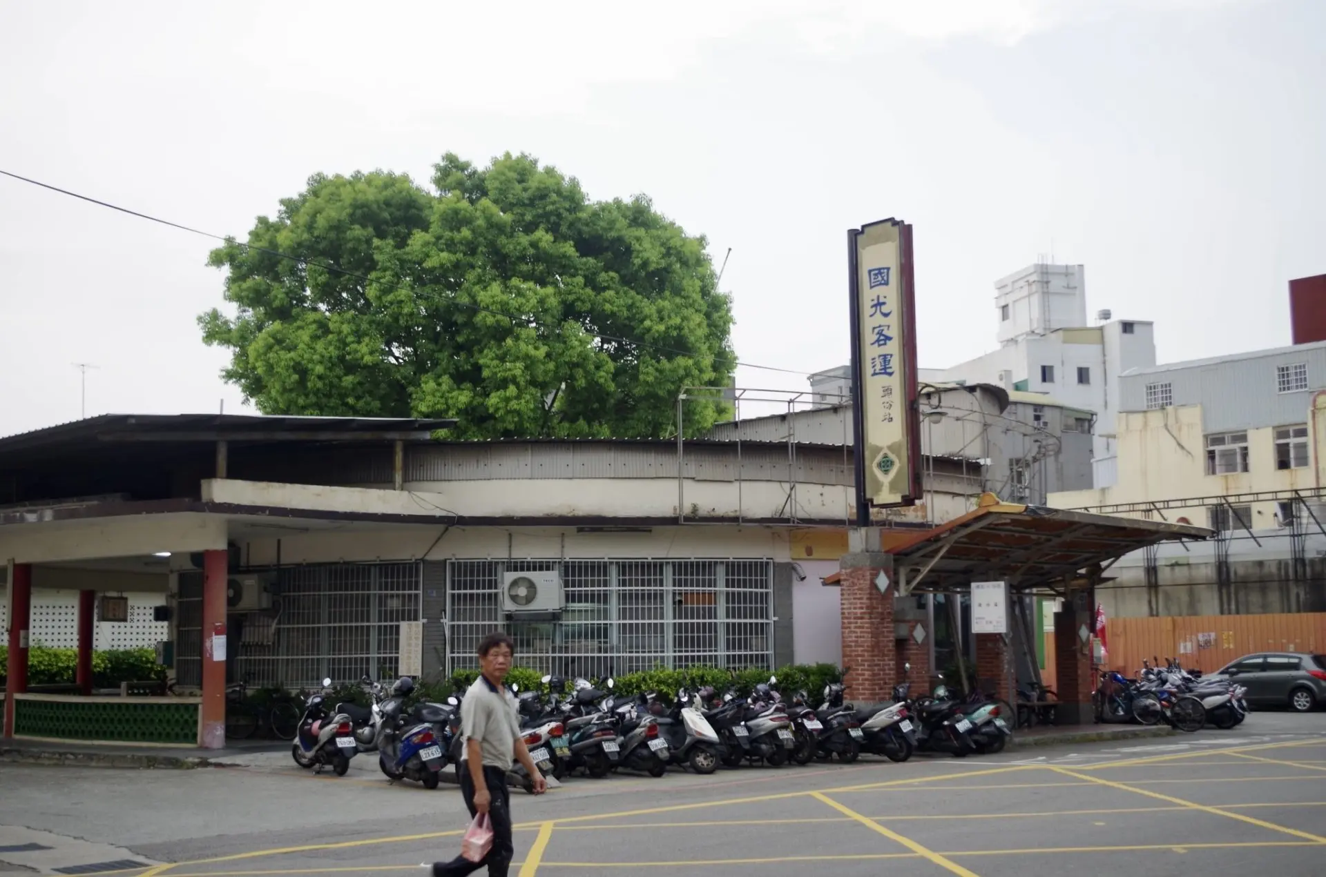 從馬路對面拍攝整個舊國光客運站體，中間有棵枝葉繁茂的大樟樹、站前停放著許多機車，可看出巴士進出的路線，攝於2014年。徐彩雲攝