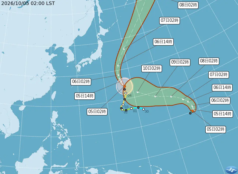 氣象署颱風消息顯示,第26號颱風「彩雲」在日本東南方海面,未來大致偏北轉北北東而行;另一熱帶低壓在關島東方海面,先偏北再轉向偏東,今天將發展成颱風。中央氣象署提供
