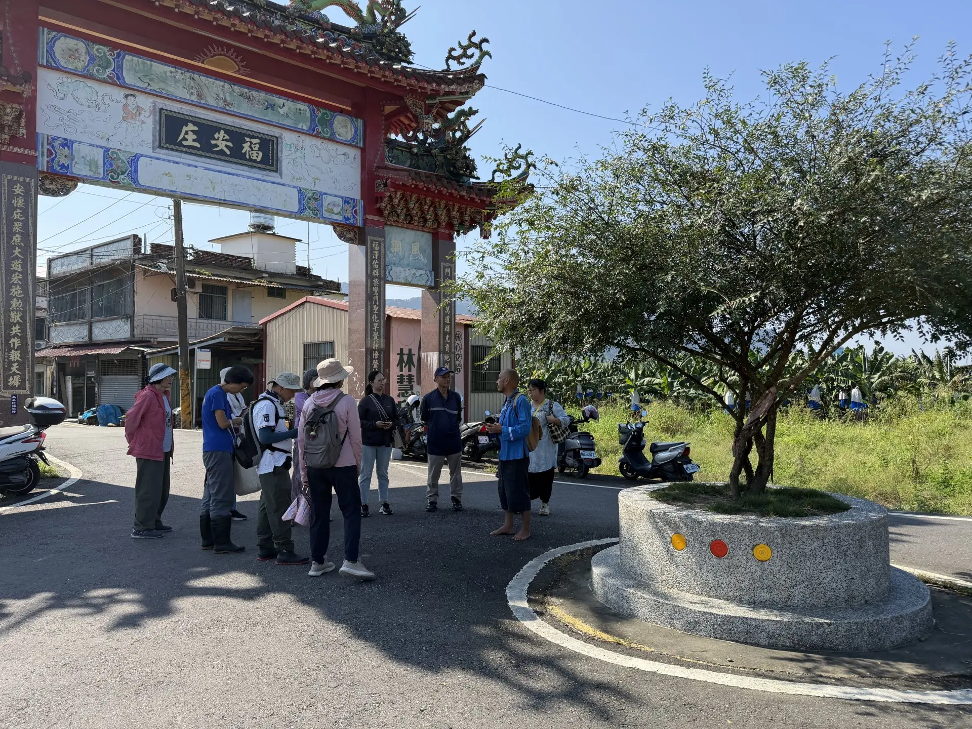 雞油樹小圓環是村莊的入口意象，每個入庄的遊客都會先在樹下乘涼聊天。李慧宜攝