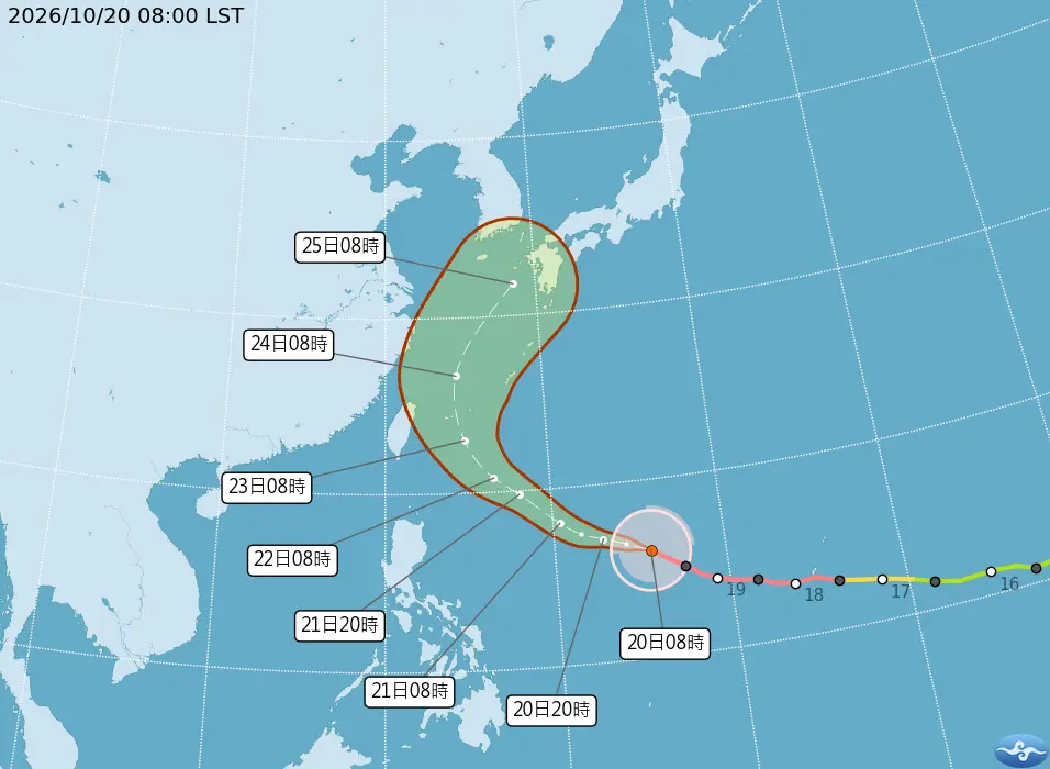 強颱薔琵在關島西方海面，繼續向西北西朝台灣東部海面逼近，再逐漸北轉。中央氣象署提供