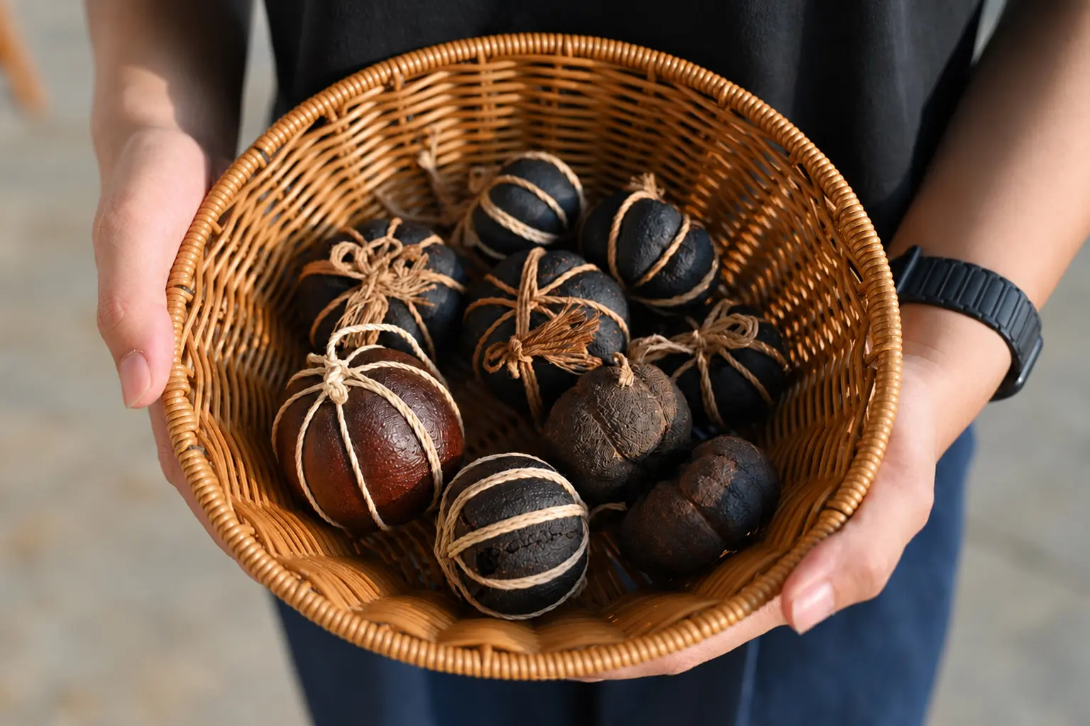 一顆顆以麻繩綁紮的檸檬酸柑茶，經過塑形、蒸煮、日曬、熟成，逐漸養出獨特的茶香與果香。Haka小姐攝