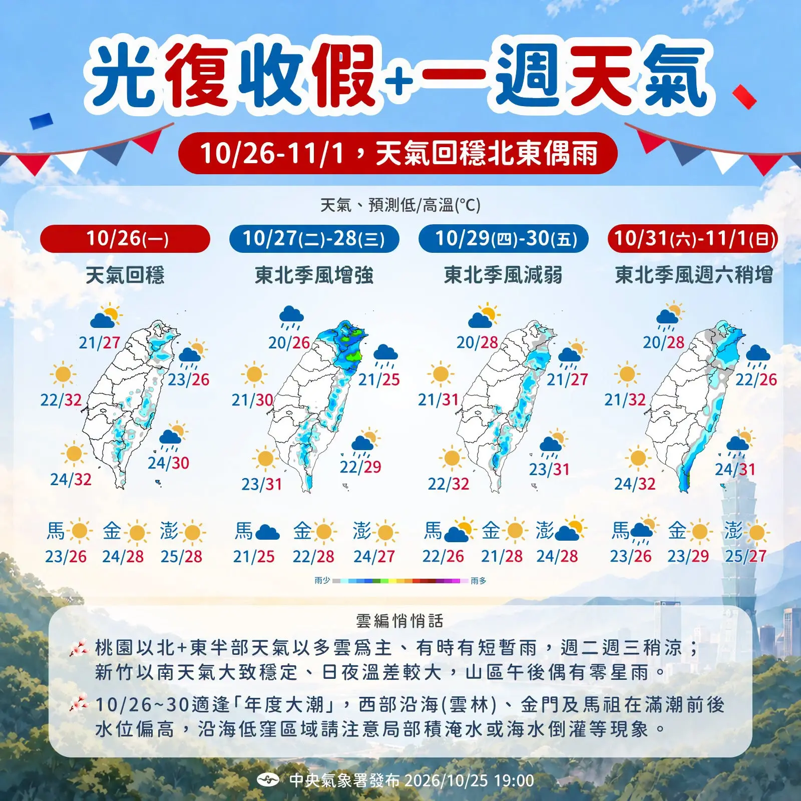 ​​​​​​​東北季風影響水氣增　宜蘭夜晚至28日清晨防較大雨勢