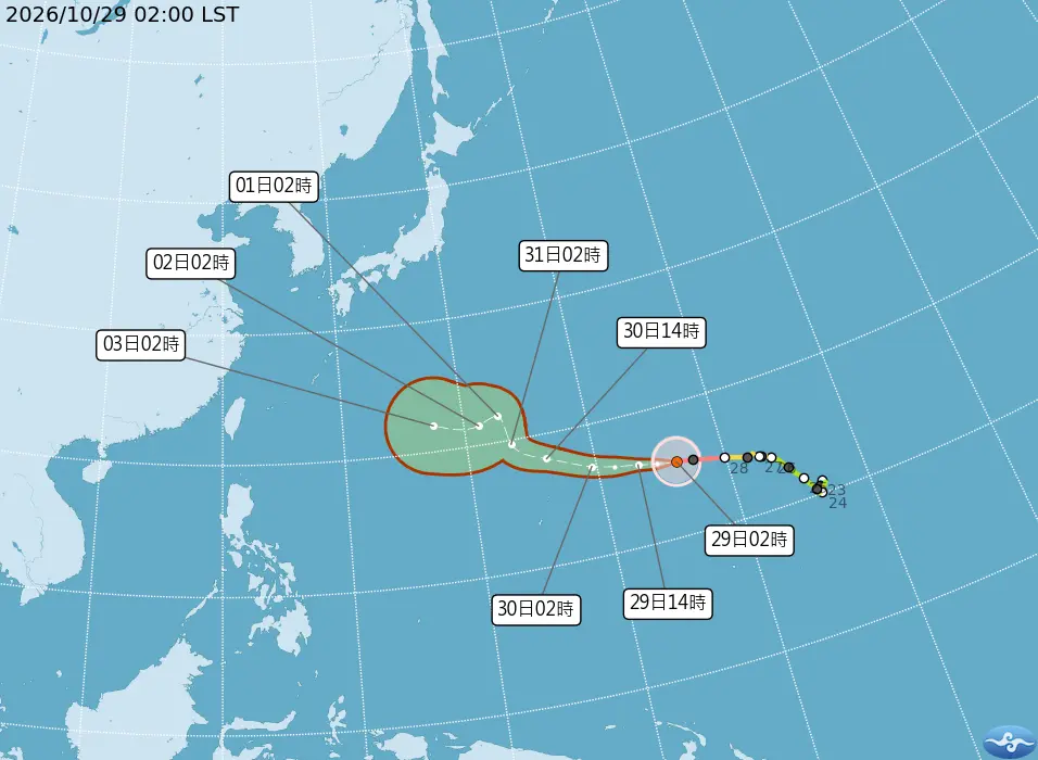 颱風「煙花」今天凌晨2時減弱為中度颱風，中心氣壓930百帕，中心位置在台北東方3760公里處，以每小時27轉33公里速度，朝西北西進行，由於目前距離台灣非常遙遠，短期內對台無直接影響。中央氣象署提供